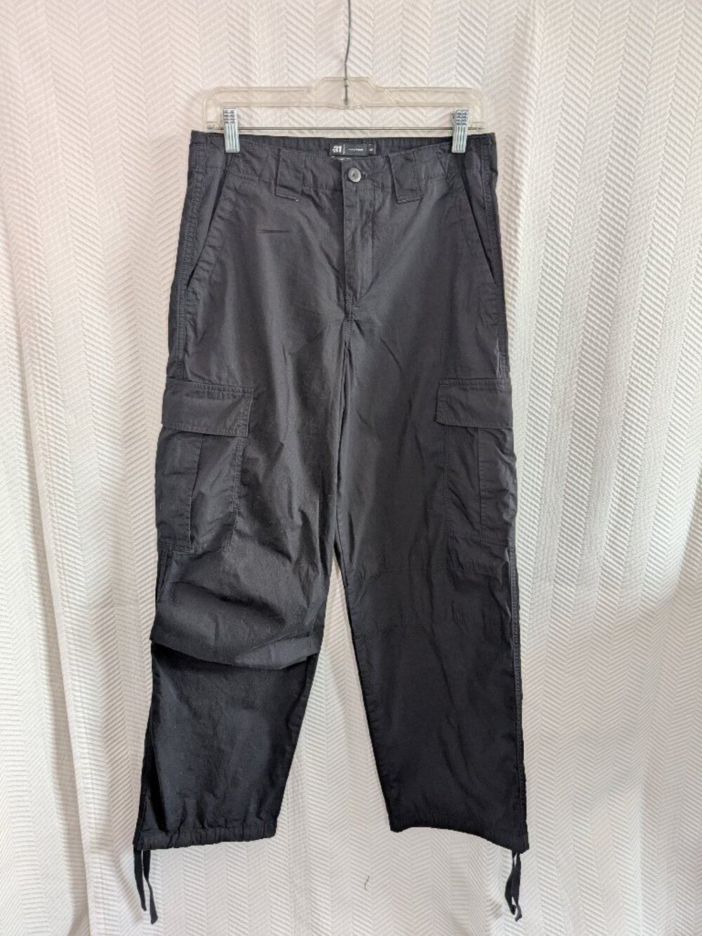 Le 31 par Simons Black Cargo Pants Organic Cotton Drawstring Hem Utility Size 28